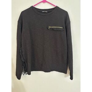 ZARA W Collection B Black Long Sleeve Ruffle Zipper Sweatshirt Top Womens S